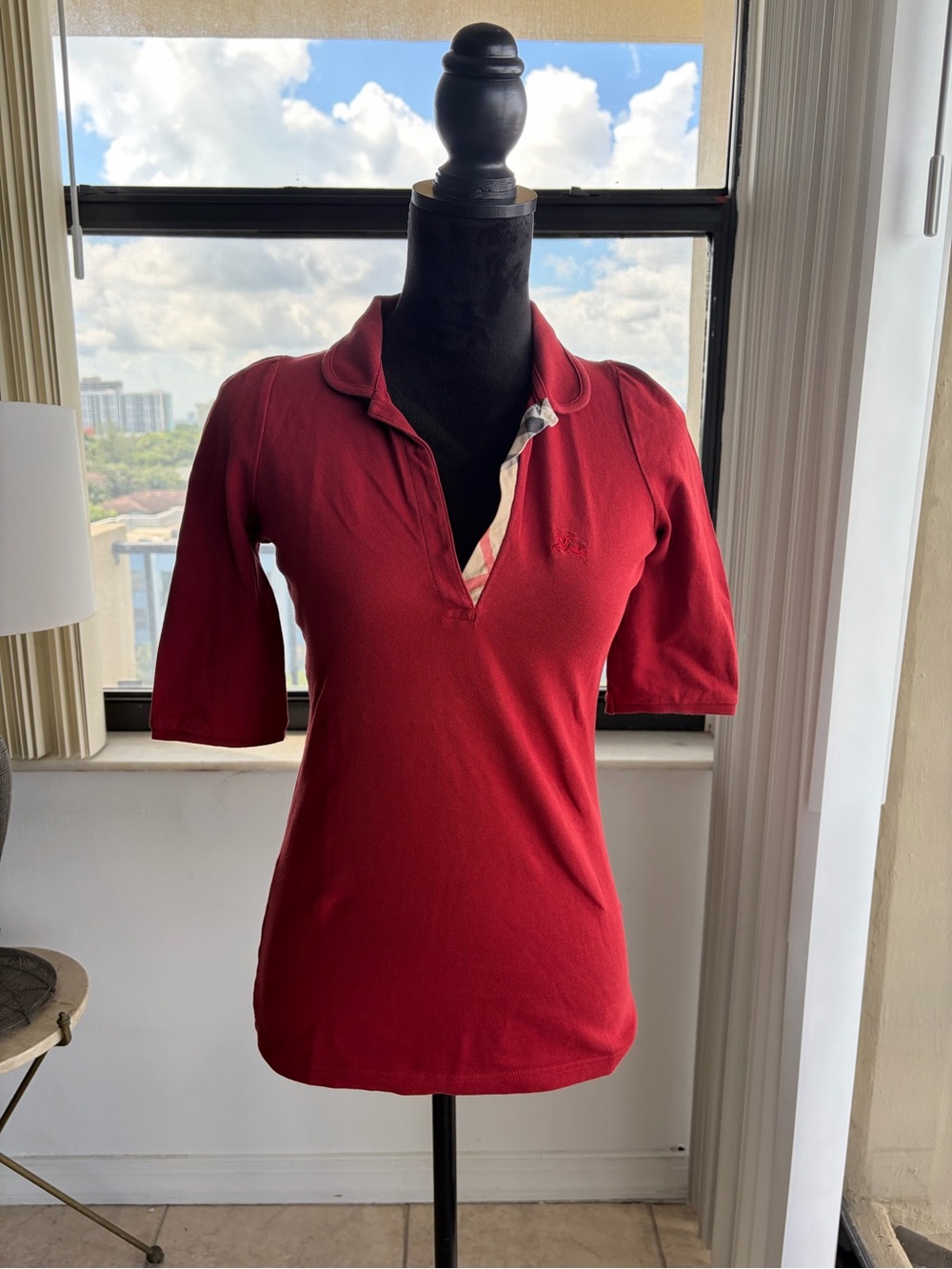 Burberry Brit Red Nova Check Placket Elbow Sleeve Polo Shirt Women Small